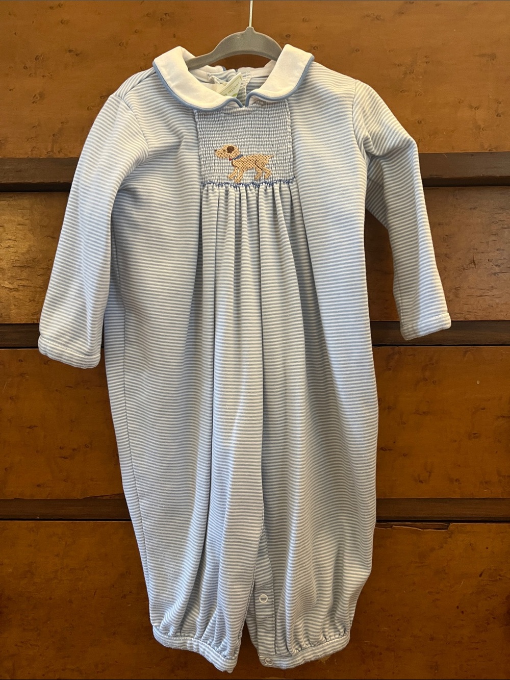 Zuccini Kids Classic Light Blue Striped Romper with Puppy Embroidery